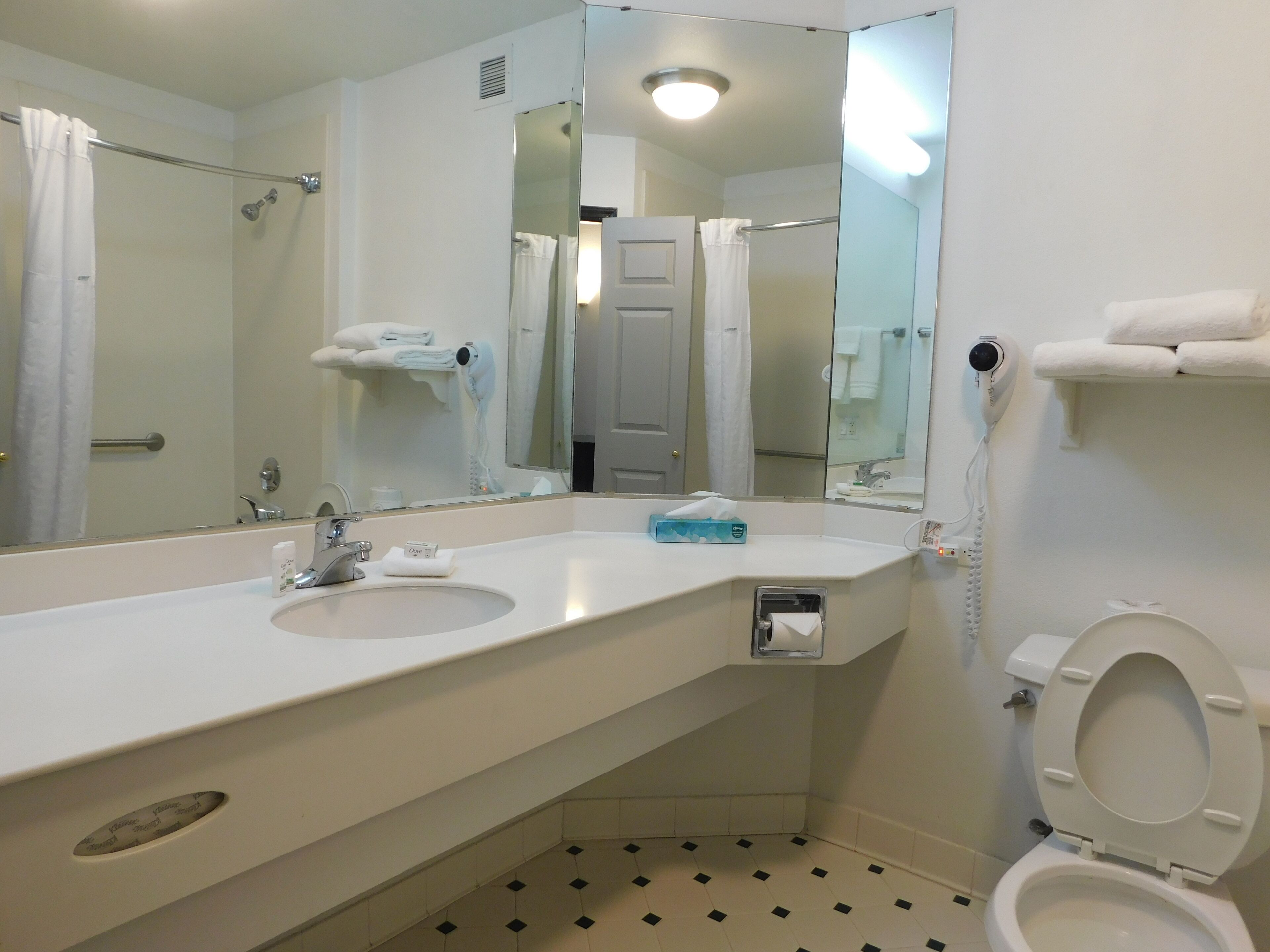 A bathroom with two sinks, a mirror, a toilet, and a shower area.