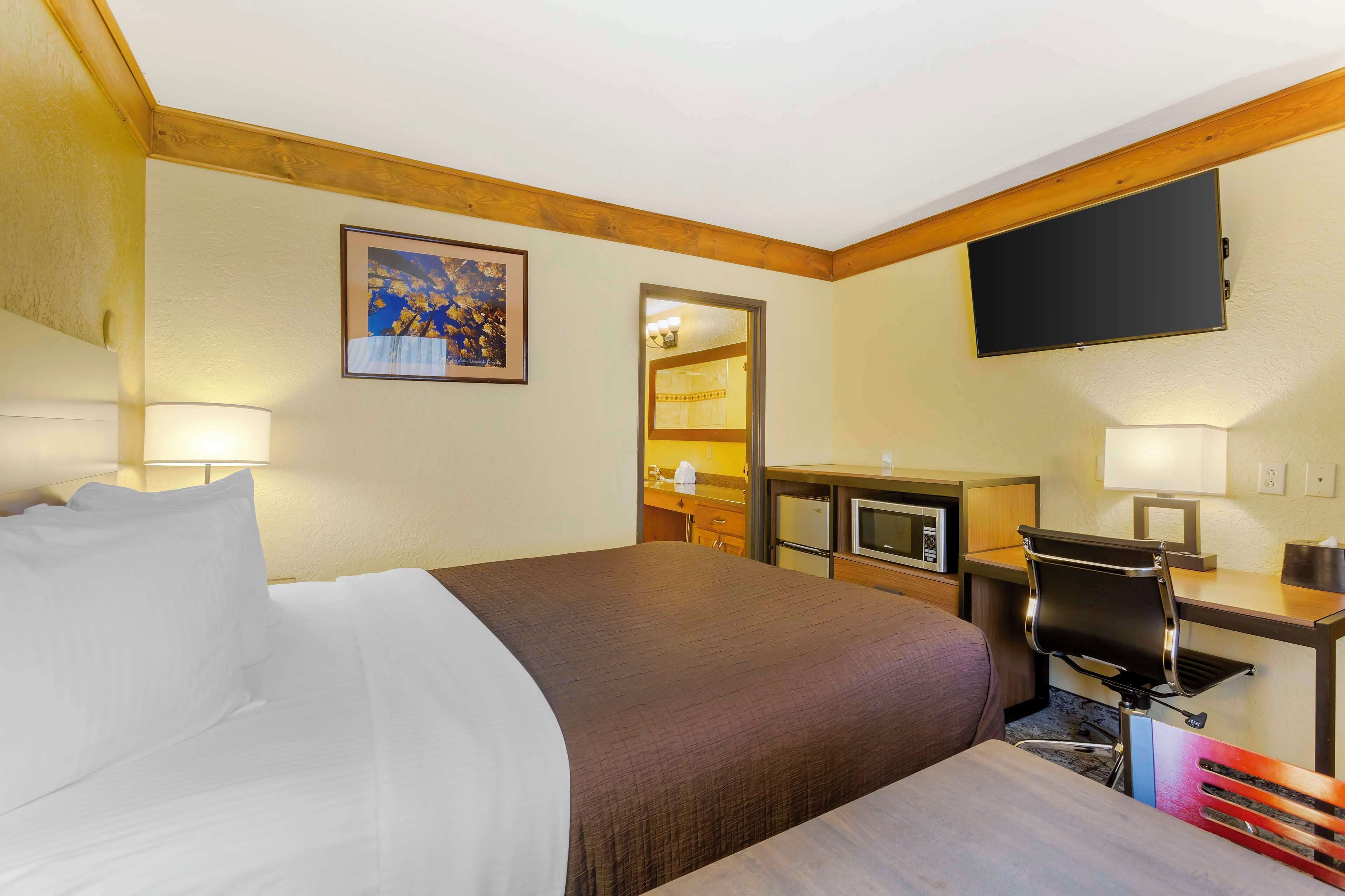 Une chambre d’hôtel avec un grand lit, un bureau avec une chaise, une télévision et un four à micro-ondes.