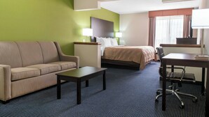 A hotel room with a bed, a sofa, a desk, and a chair.