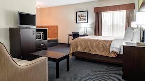 Une chambre d’hôtel équipée d’un lit, d’un bureau, d’une télévision, d’un four à micro-ondes et d’une chaise.