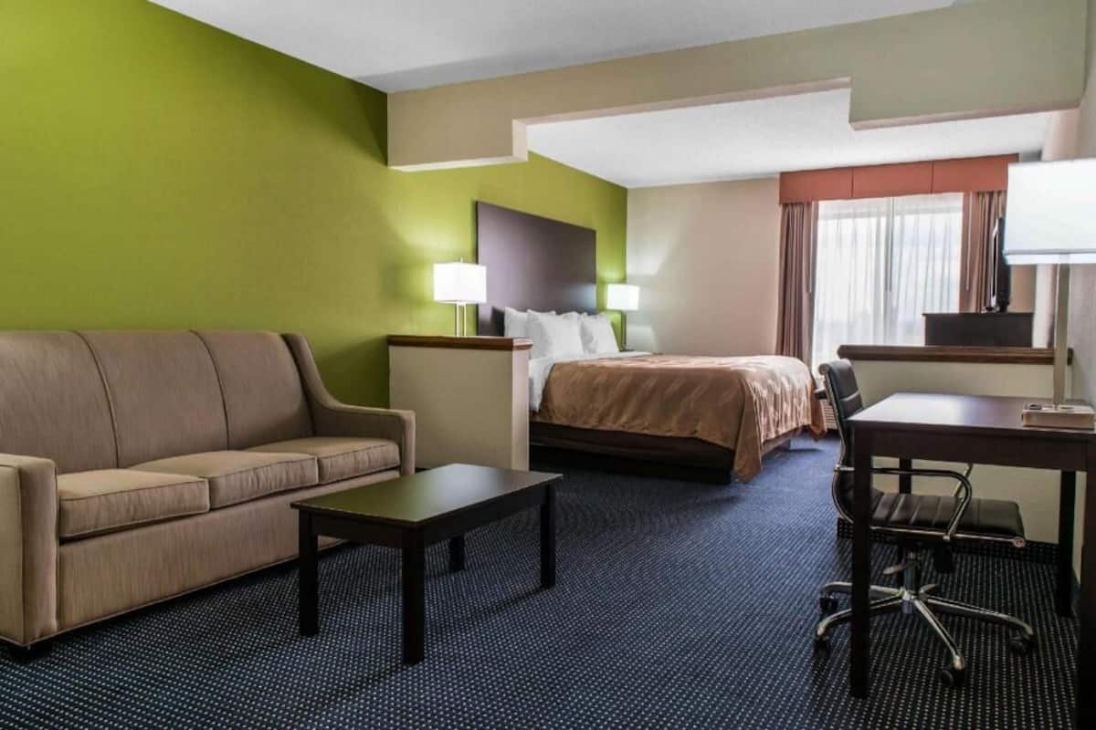 Une chambre d’hôtel avec un lit, un canapé, un bureau et une chaise.