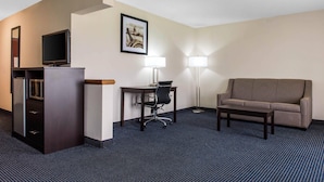 Une chambre d’hôtel équipée d’un bureau, d’une chaise, d’un canapé, d’une télévision et de lampes.