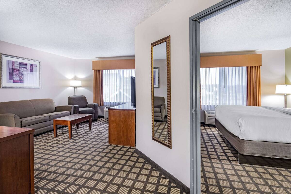 A hotel room with a bed, a sofa, a desk, a chair, and a mirror.