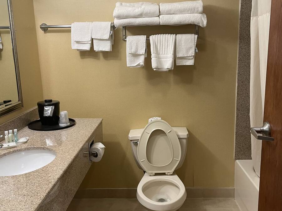Un baño con lavamanos, inodoro y toallero.