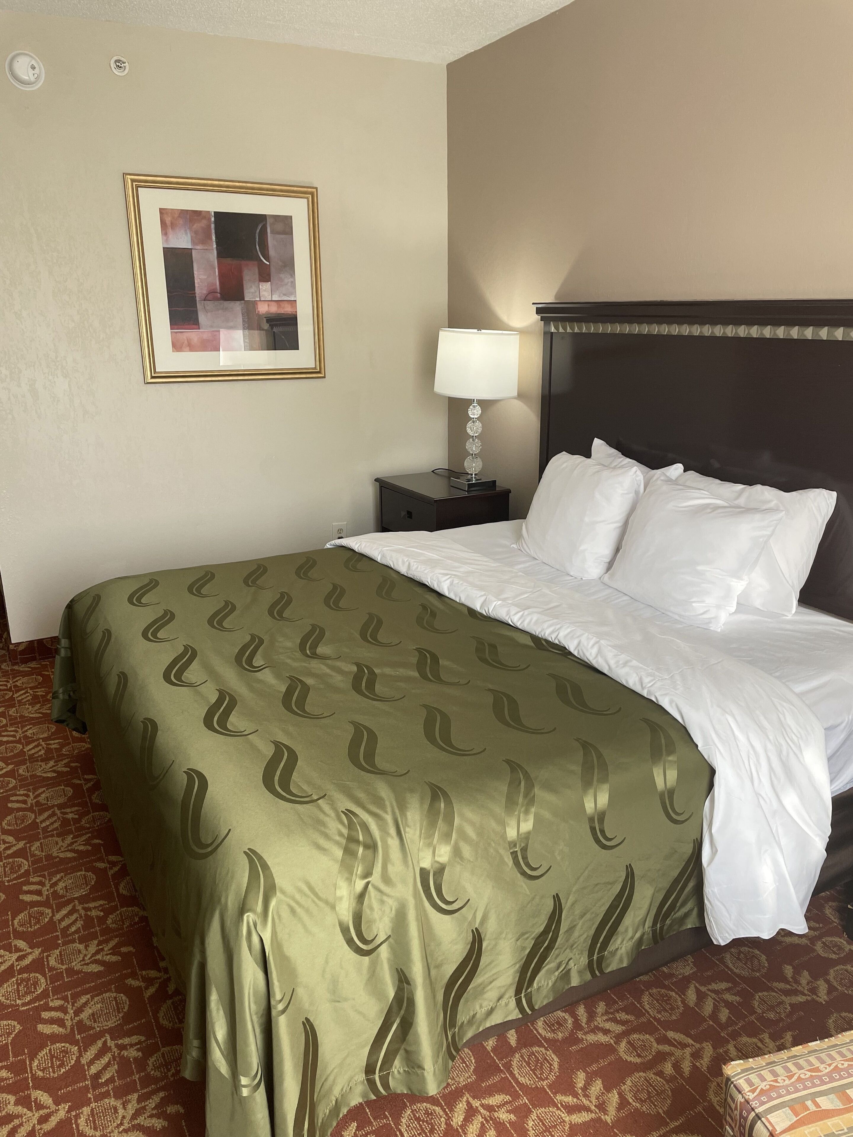 A hotel room with a neatly made bed, a bedside lamp, and a framed picture on the wall.
