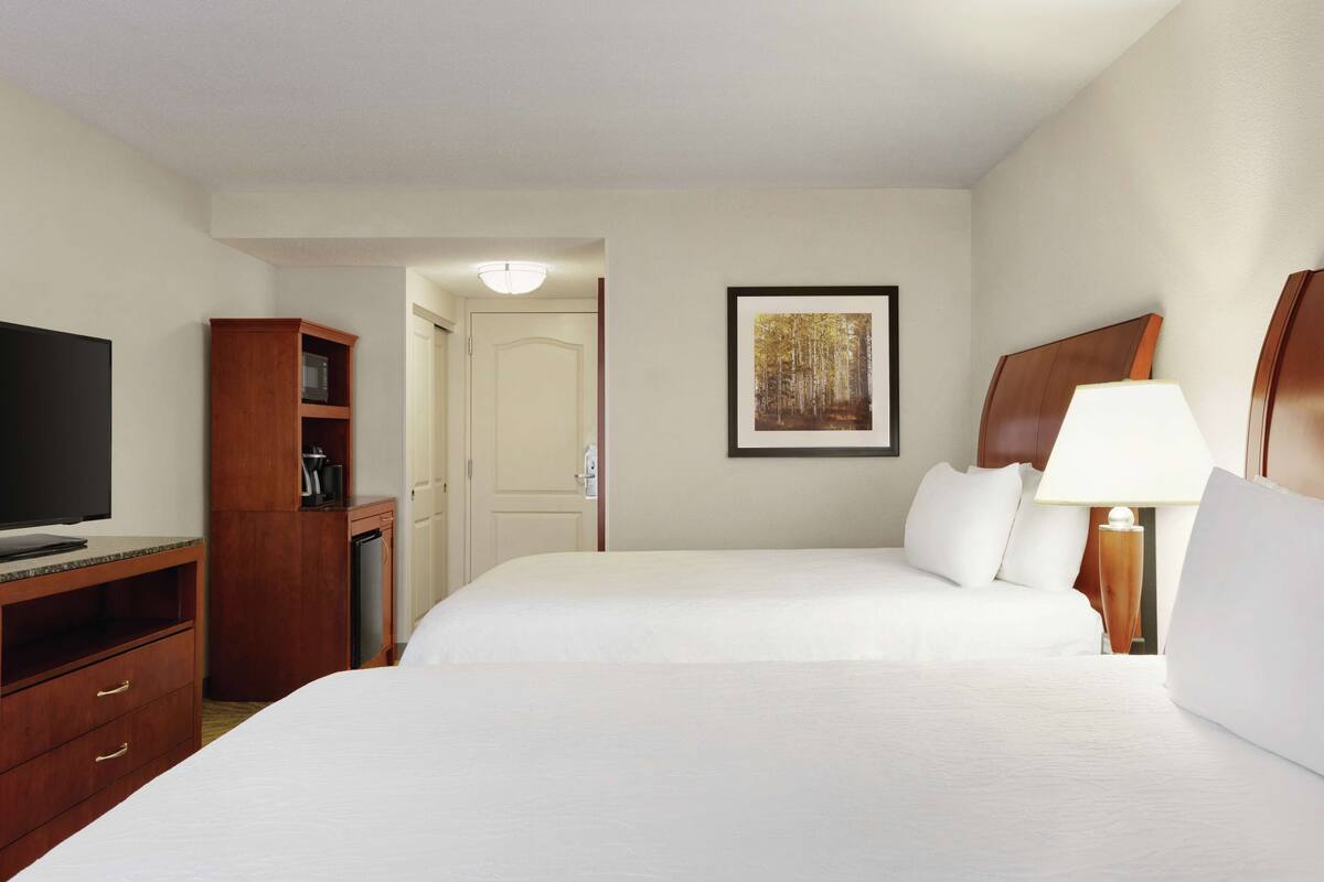 A hotel room with two beds, a television, a wooden cabinet, a framed picture on the wall, and a lamp.