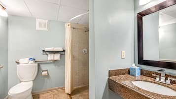 Een badkamer met toilet, douche, wastafel en spiegel.