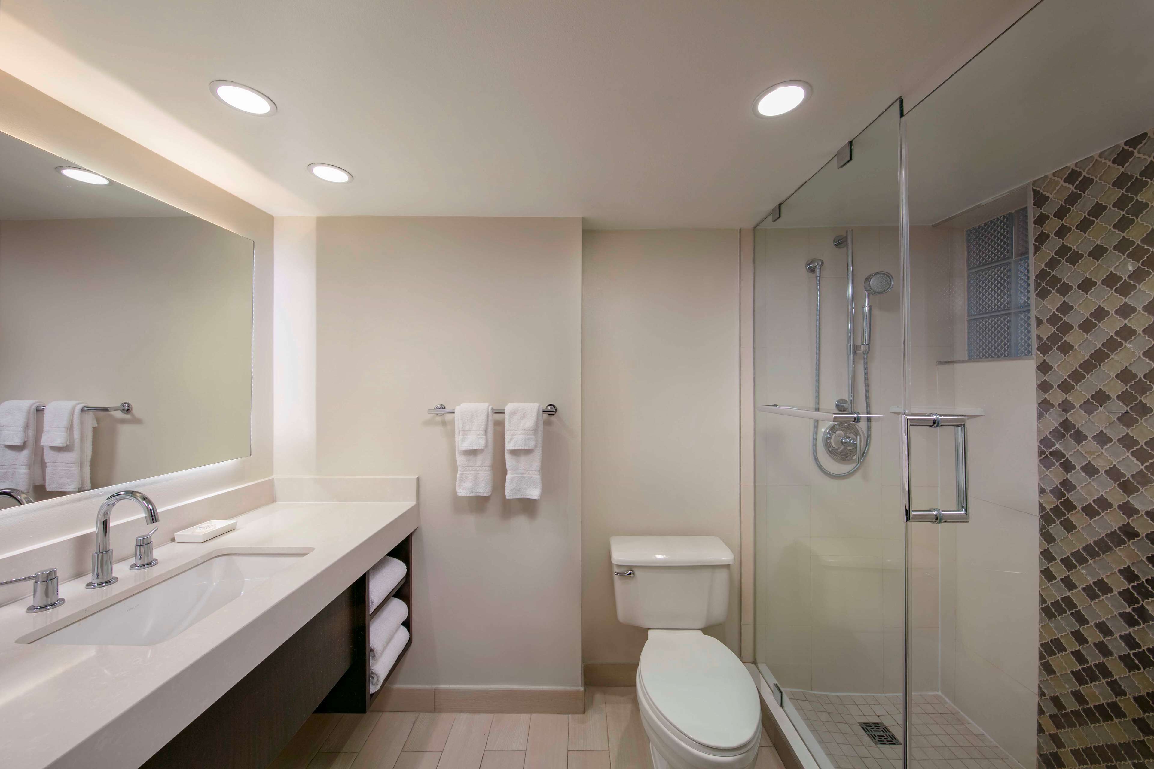 A modern bathroom with a large mirror, dual sinks, a toilet, and a glass-enclosed shower area.