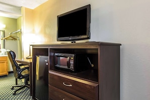 Desk, laptop workspace, blackout drapes, iron/ironing board