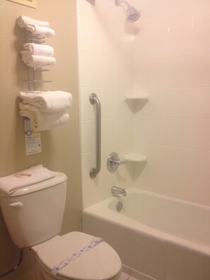 Combined shower/tub, hair dryer, towels