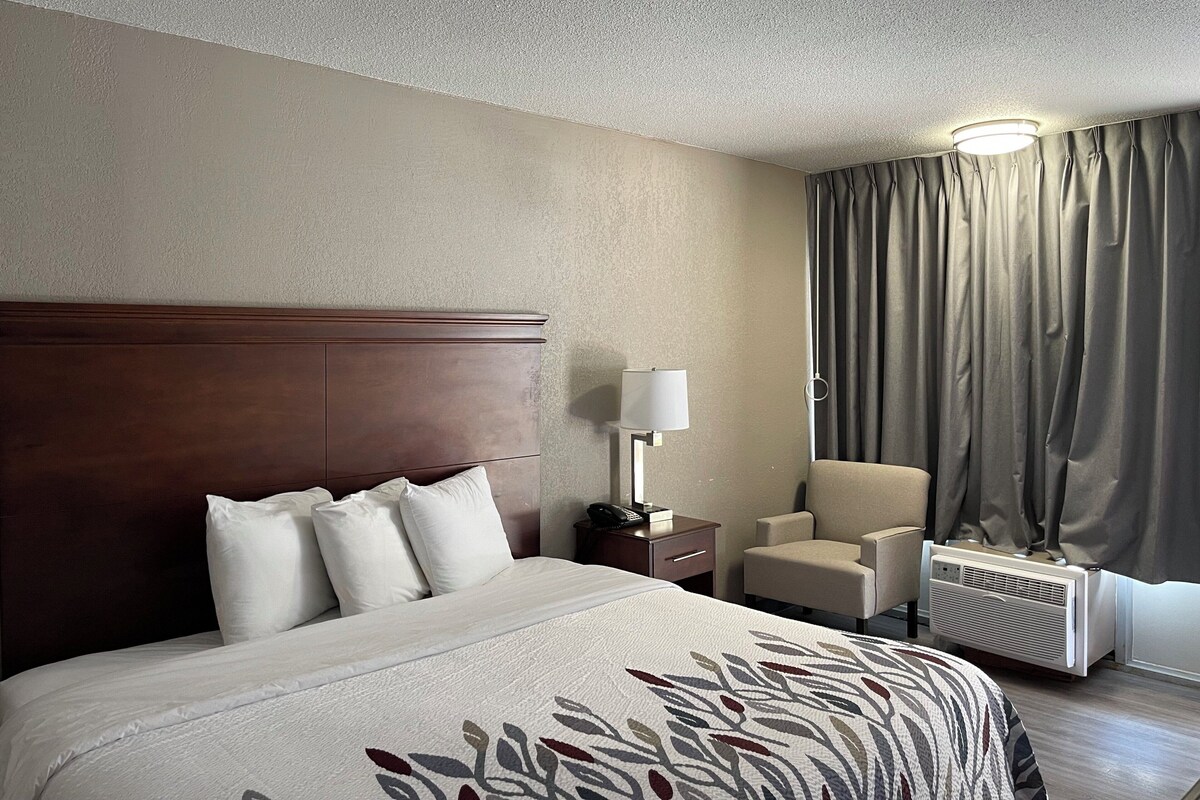 A hotel room with a large bed, a bedside table with a lamp, a chair, and a window with curtains.