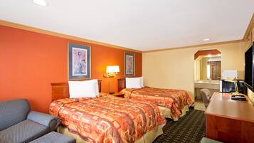 Desk, laptop workspace, blackout curtains, iron/ironing board