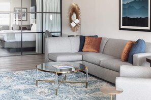 Deluxe City View Suite, 1 King Bed with Sofa Bed, Separate Living/Ding Area, Shower only | Egyptian cotton sheets, premium bedding, down duvets, pillow-top beds - Haywood Park Hotel, an Ascend Collection Hotel (Asheville)