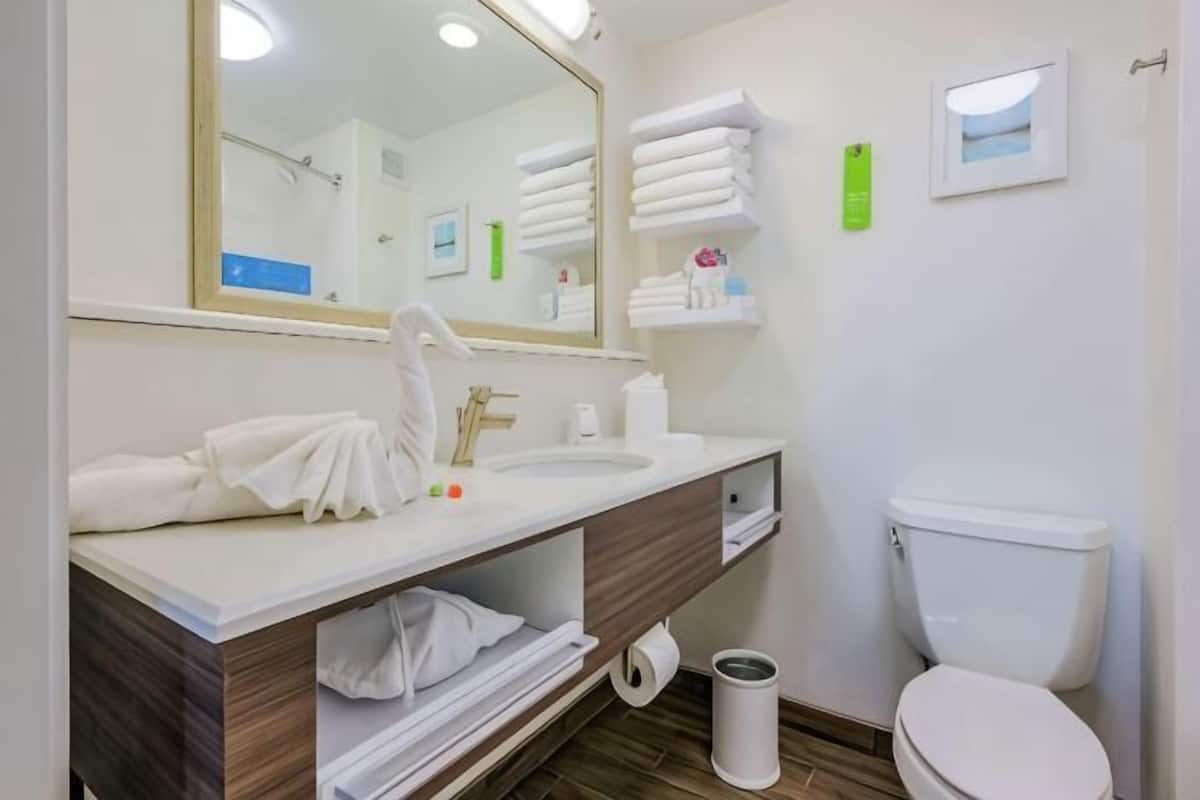 Een badkamer met een wastafel, spiegel, handdoekhouder, toilet en een prullenbak.