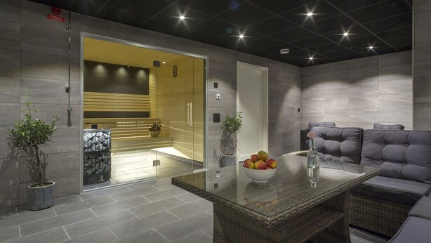 A modern interior with a glass-top table holding a bowl of fruit, a sofa, and a potted plant. - First Hotel Dragonen (Umea)