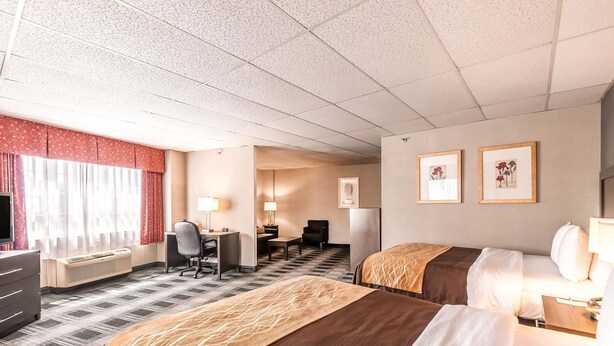 Habitación de hotel con dos camas, un escritorio, una silla, un televisor y cuadros en la pared.