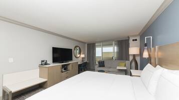 Habitación de hotel con una cama grande, un escritorio con televisor de pantalla plana, un sofá, una silla y una mesita.