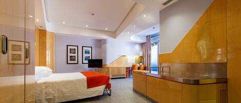 A hotel room with a bed, a desk, a chair, a TV, and a bathroom.