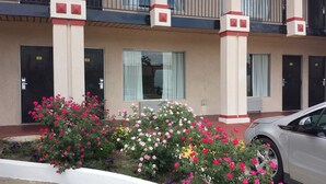 A building with numbered doors, a car parked in front, and a flower bed with various flowers.