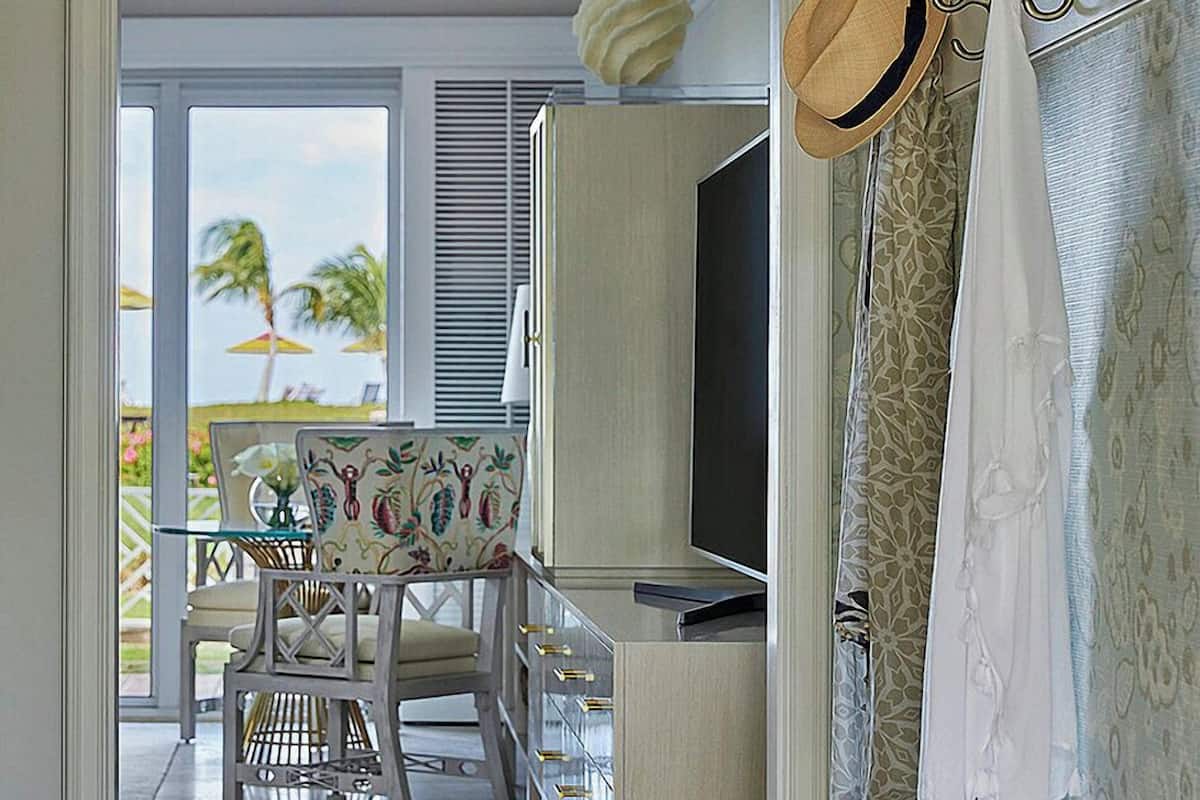 A room with a desk, a chair, a TV, and a view of palm trees.