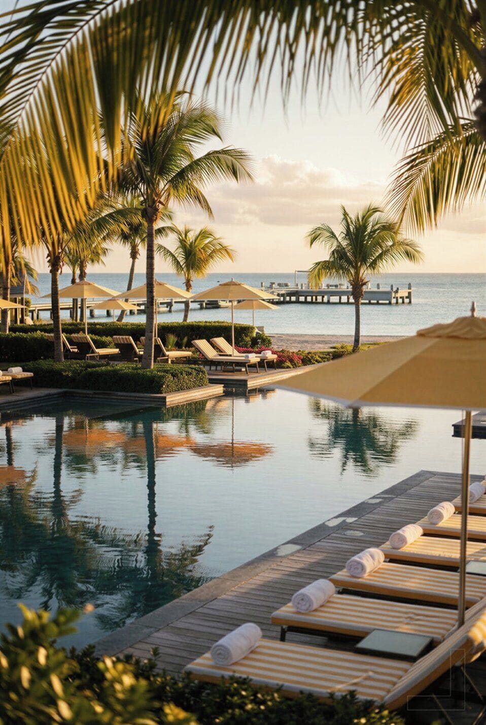 A poolside area with lounge chairs and umbrellas, a wooden deck, and a view of the ocean.