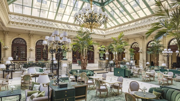A luxurious hotel lobby with a glass ceiling, elegant furniture, and a grand chandelier. - InterContinental Paris le Grand by IHG (Paris)