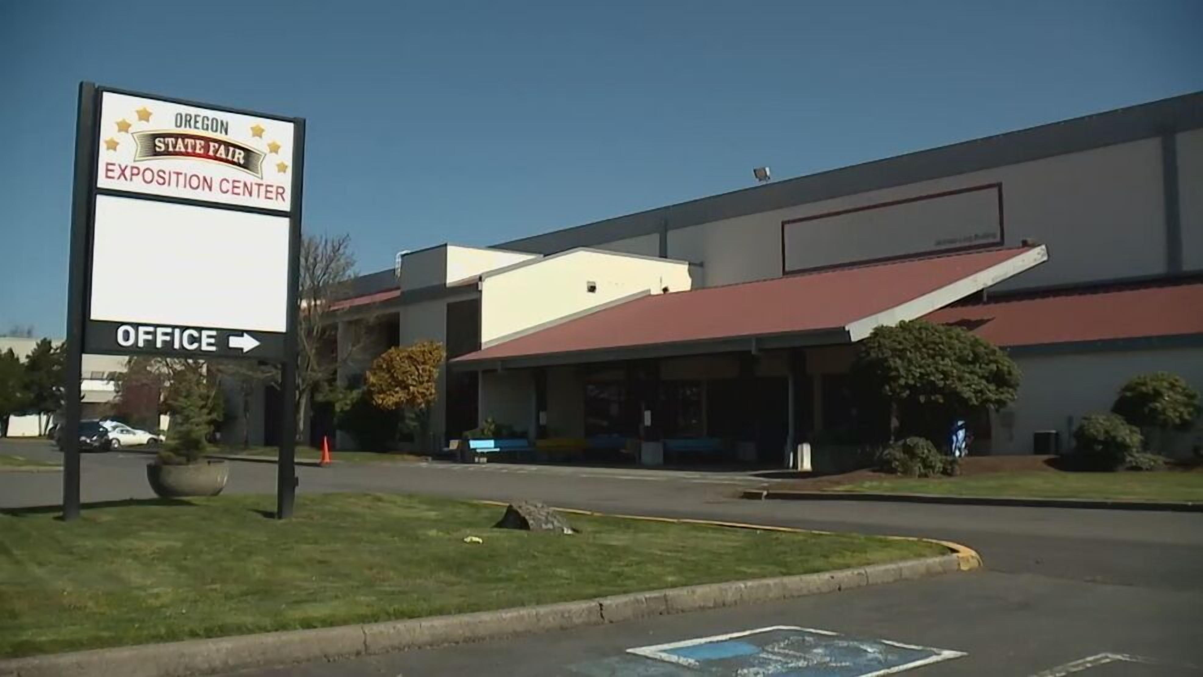 An Oregon State Fair exposition center with an office building.