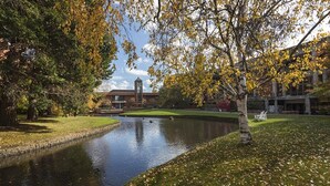 A serene campus pond with a building in the background.