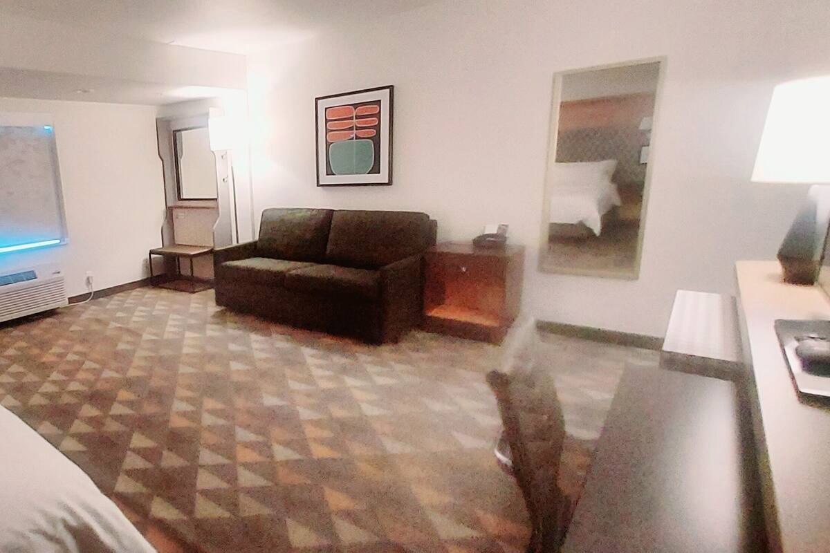 A hotel room with a bed, a sofa, a small table, a chair, a heater, a mirror, and a wall with a framed picture.