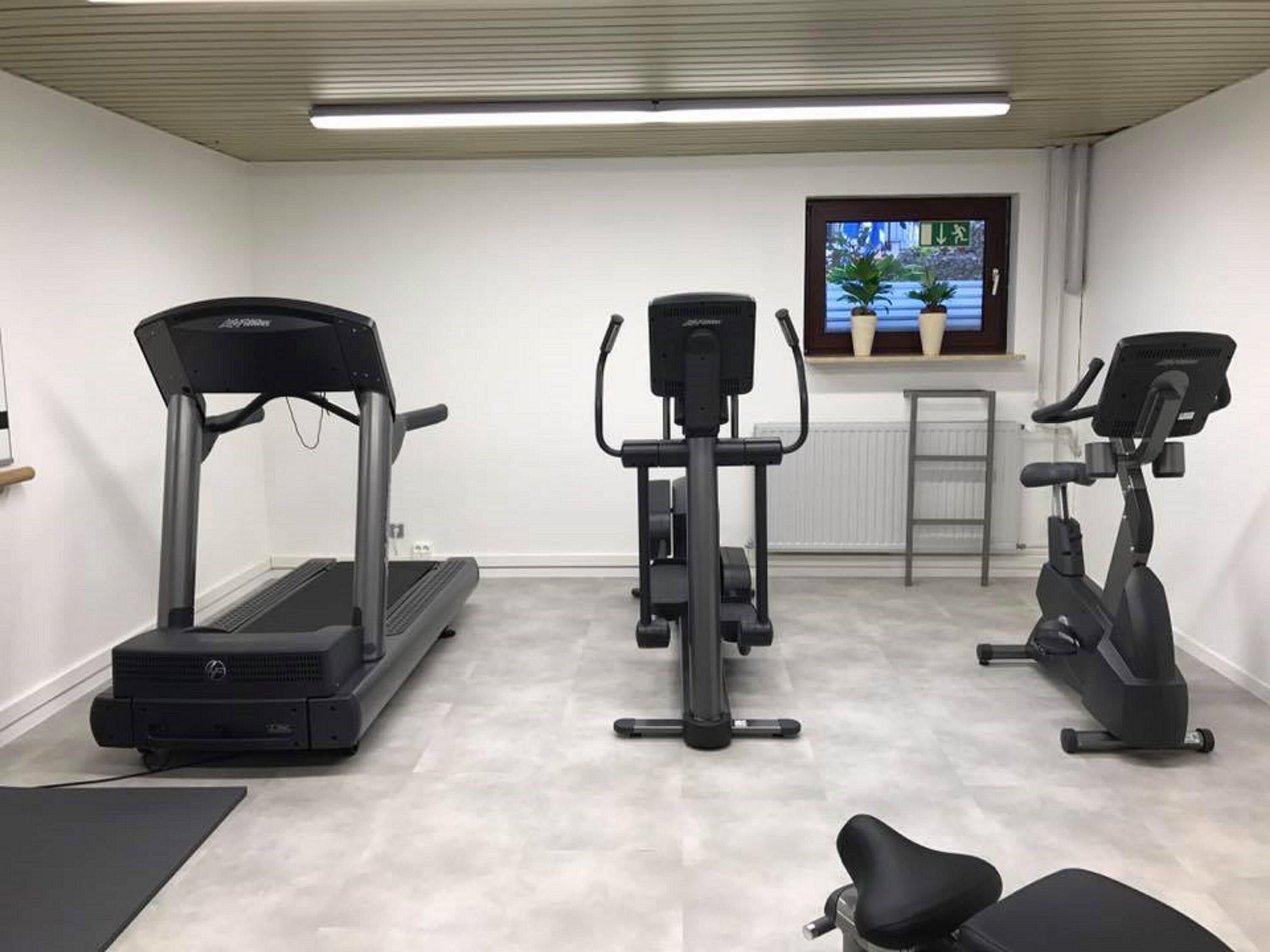 Un gimnasio con cintas de correr, elípticas y una pantalla de televisión que muestra videos de ejercicios.