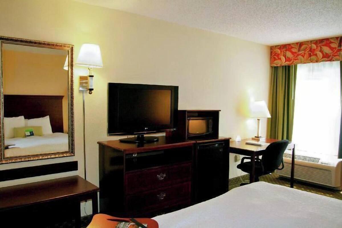 A hotel room with a bed, a television, a microwave, a desk with a chair, and a large mirror.
