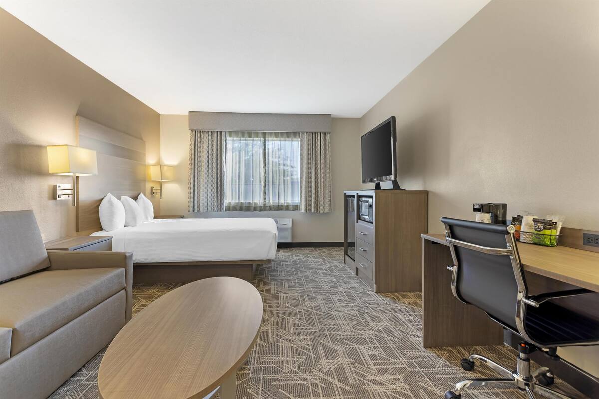 A hotel room with a bed, a sofa, a desk, a chair, a TV, and a window with curtains.