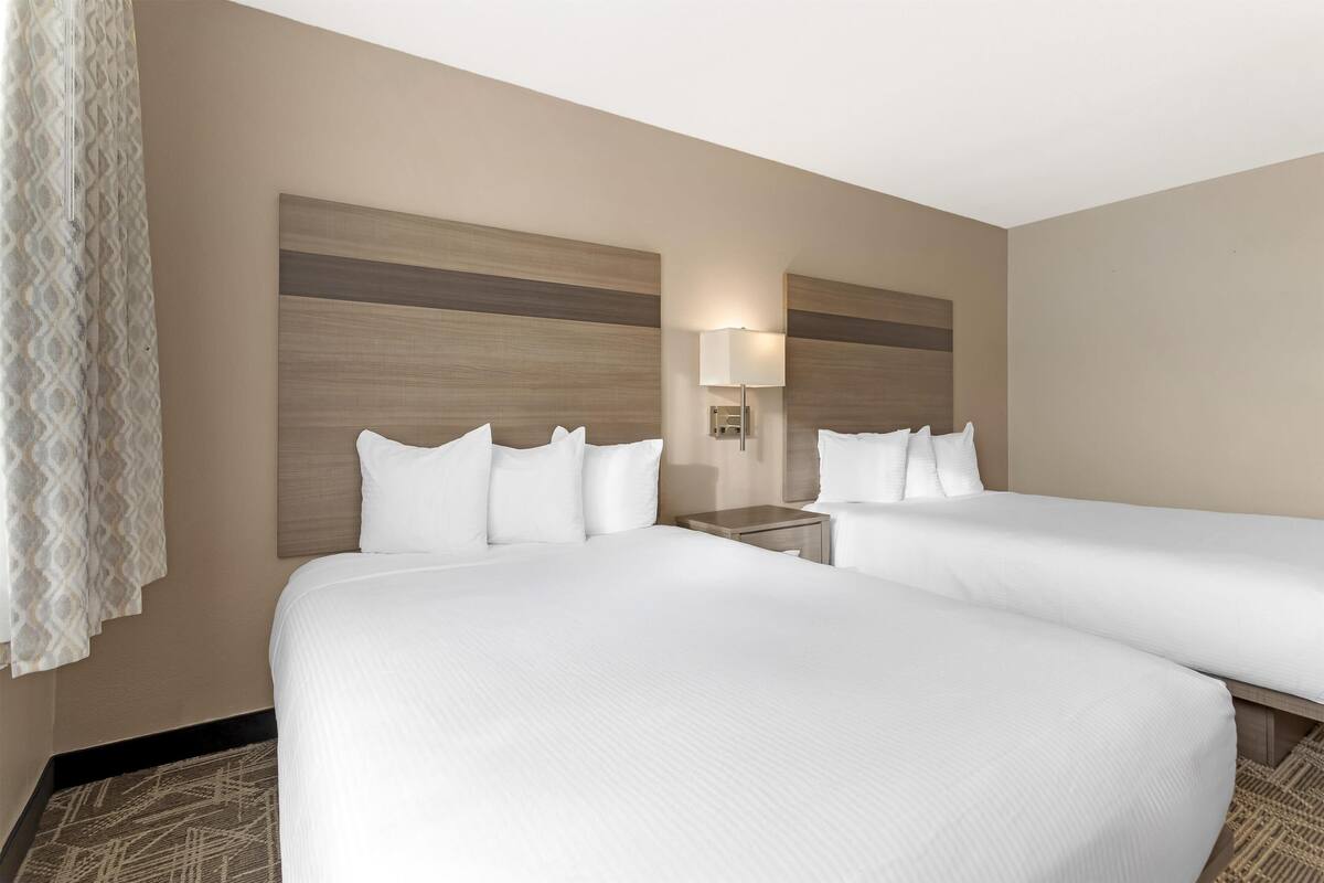 A hotel room with two beds, a nightstand, a lamp, and a patterned rug.