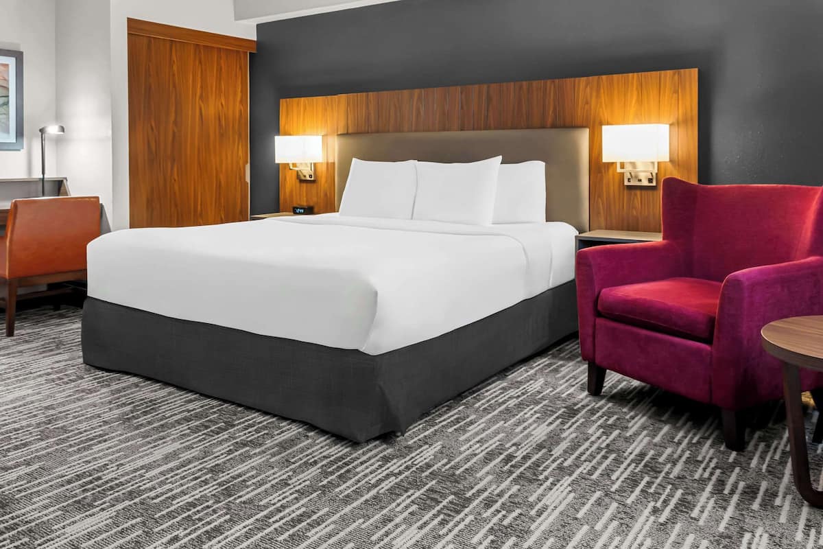 hypo-allergenic bedding, desk, blackout curtains, iron/ironing board