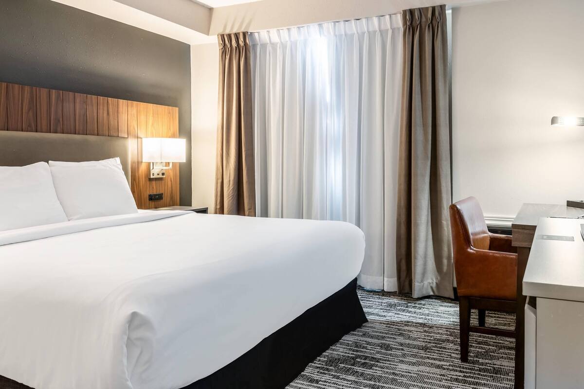 A hotel room with a large bed, a desk, a chair, and a lamp.