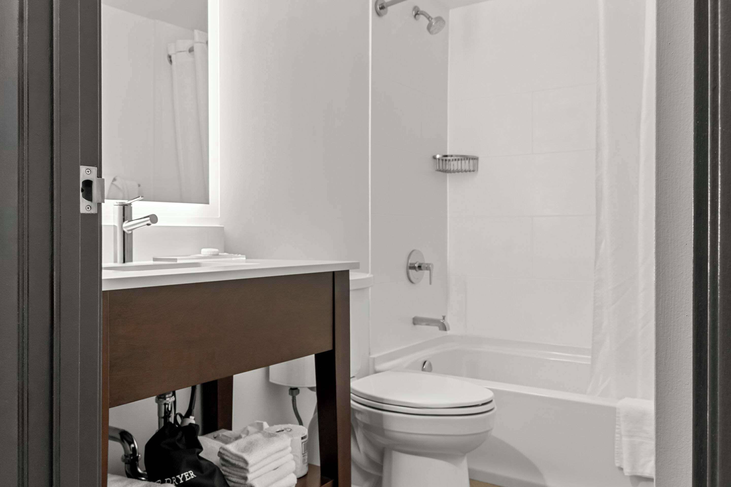 hypo-allergenic bedding, desk, blackout curtains, iron/ironing board