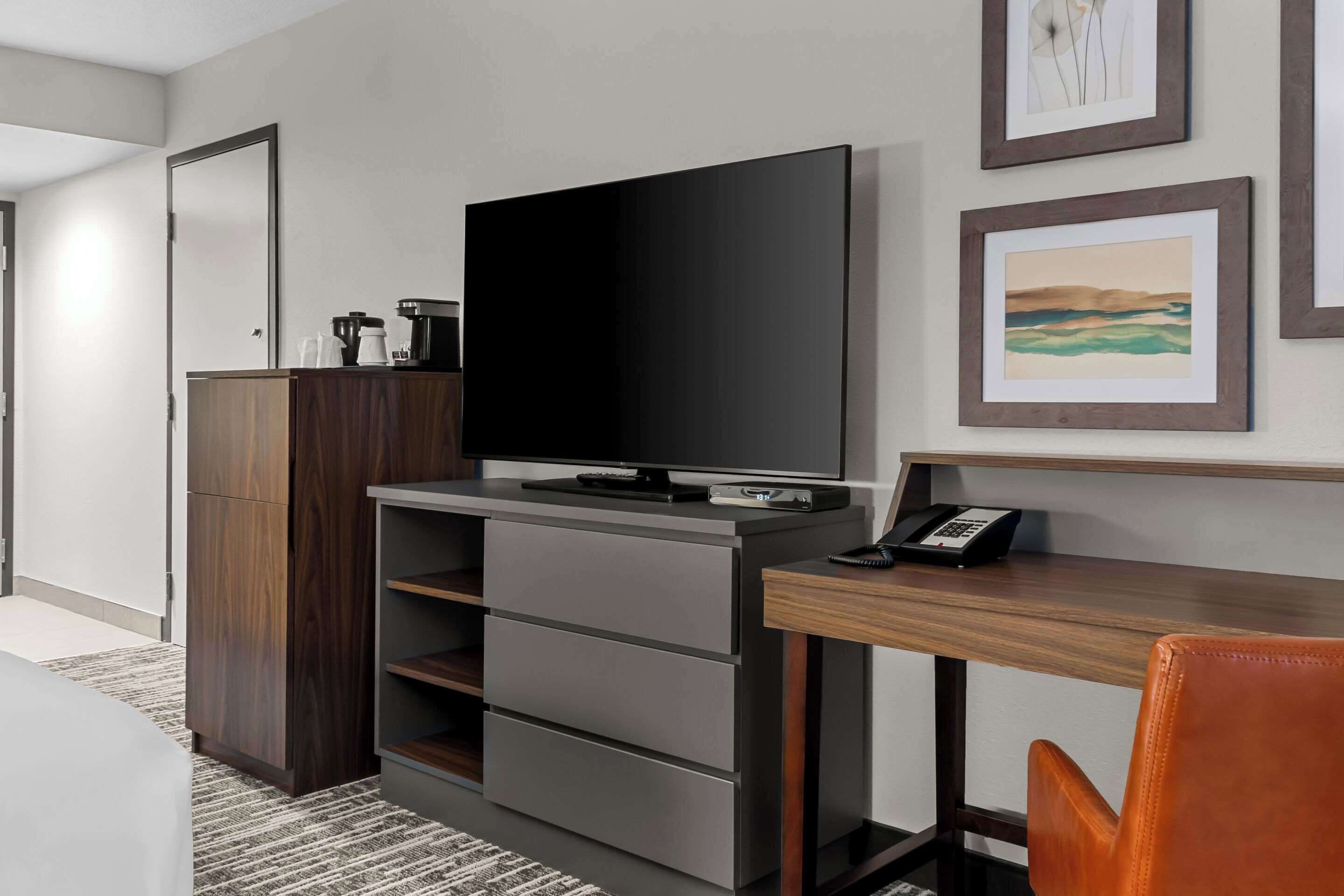 hypo-allergenic bedding, desk, blackout curtains, iron/ironing board