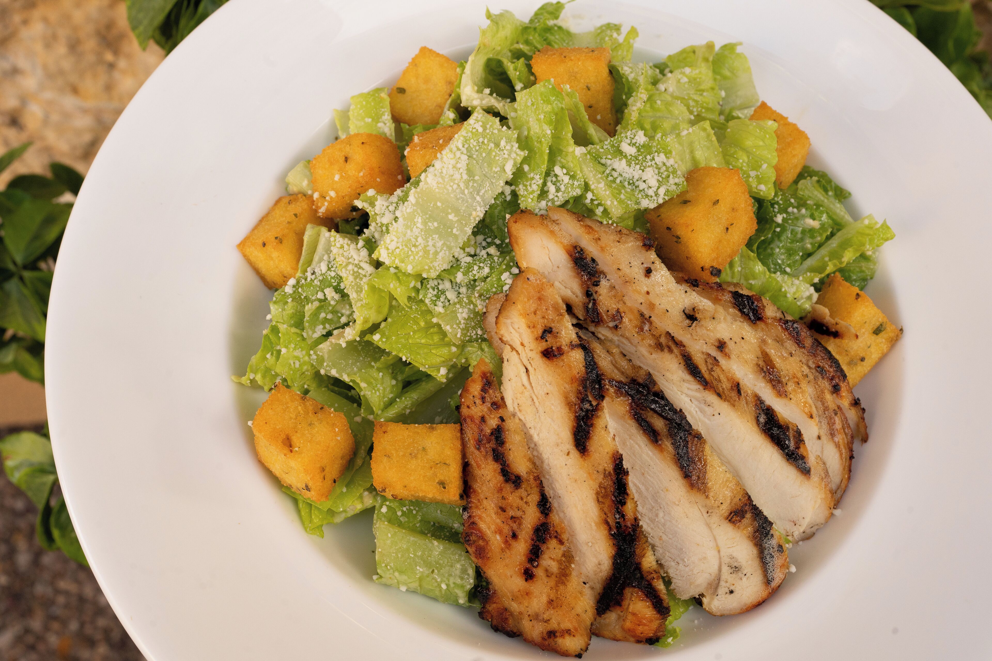 A plate of grilled chicken, lettuce, and cubed mango.