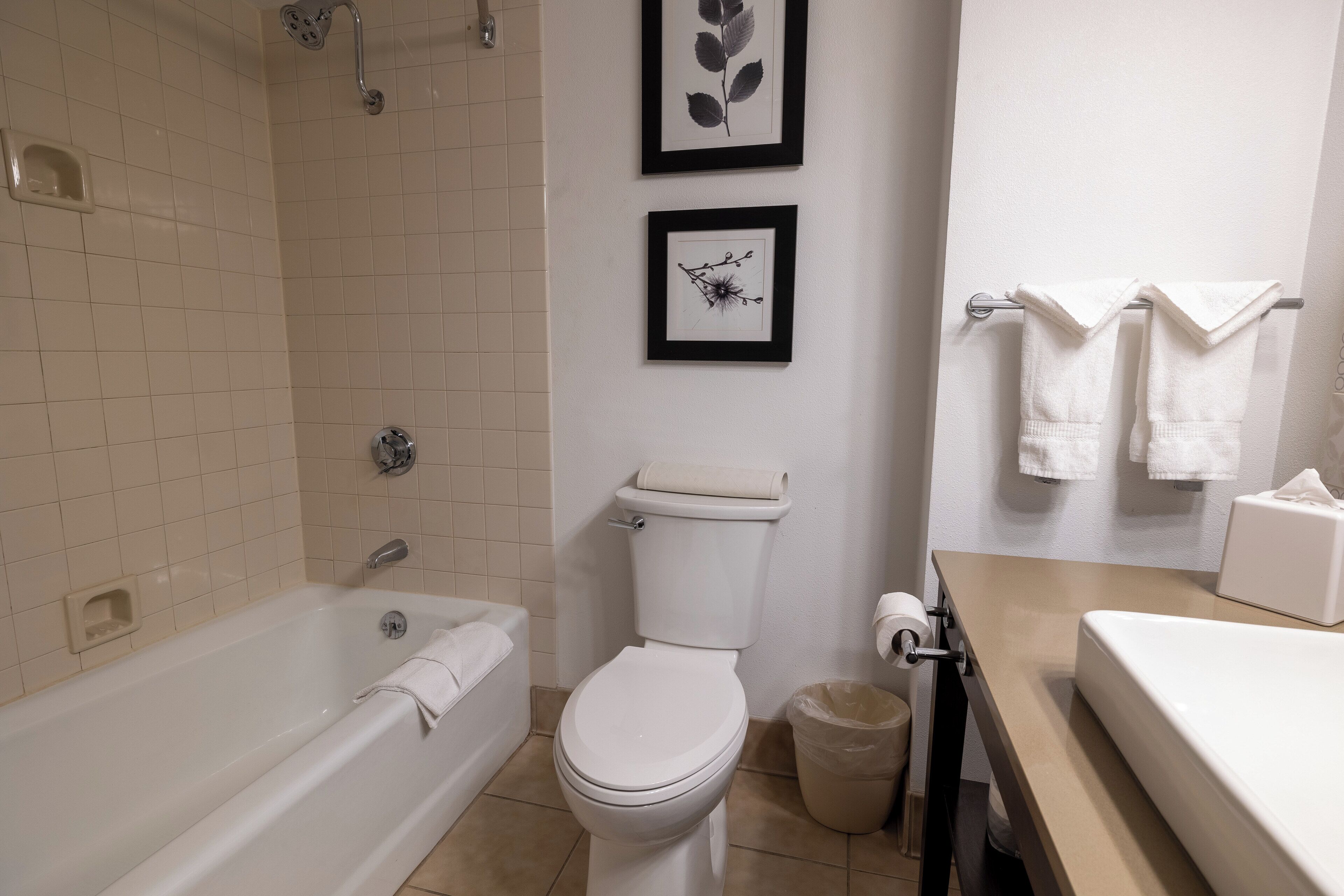 A bathroom with a bathtub, toilet, and sink. There are two framed pictures on the wall.
