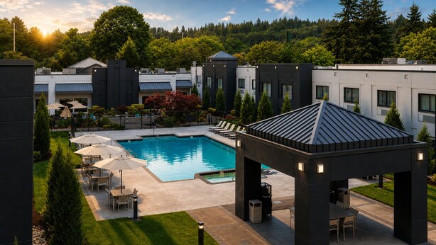 A modern hotel with a swimming pool, outdoor seating, and a gazebo.