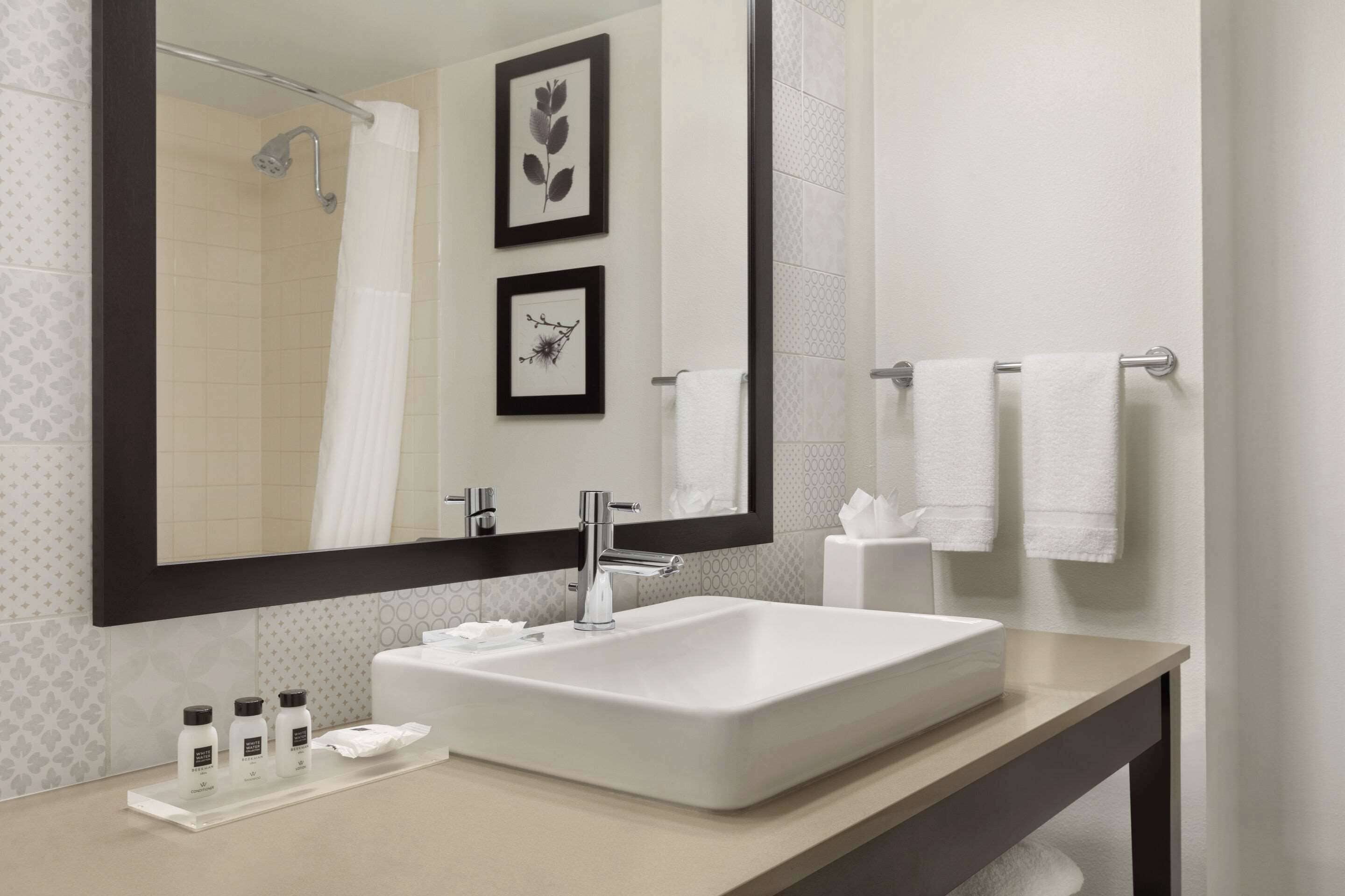 combined shower/bathtub, free toiletries, hair dryer, towels