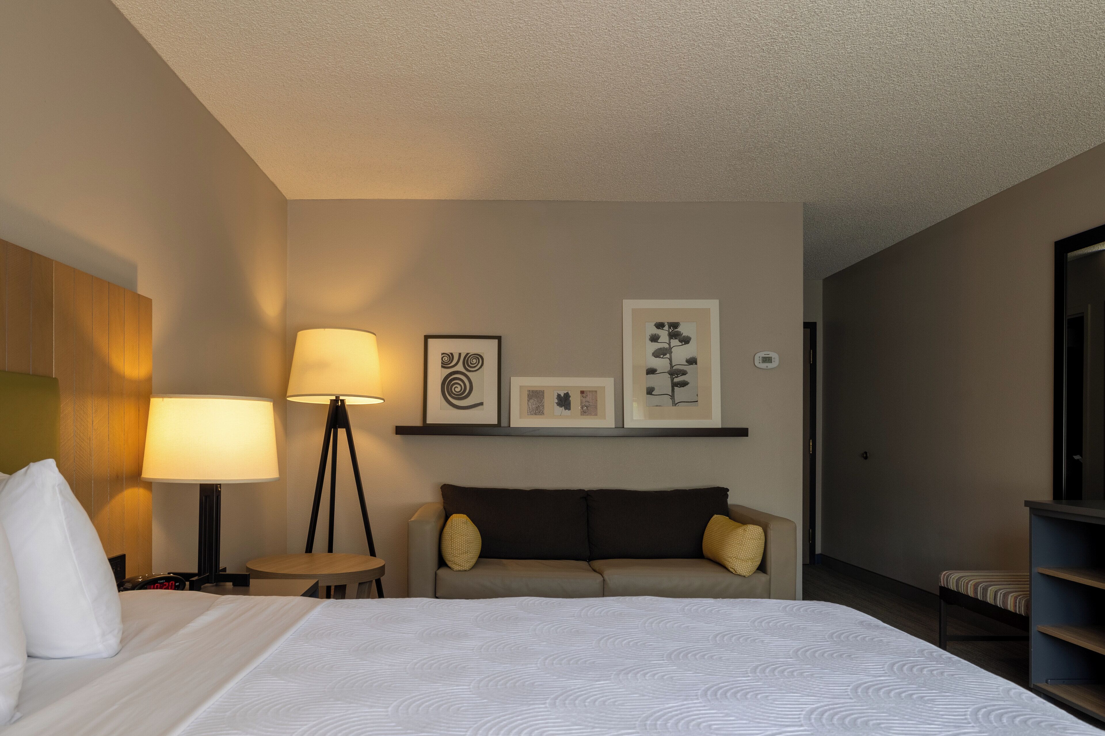 A hotel room with a bed, a bedside table, a lamp, a sofa, and wall art.