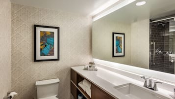 A modern bathroom with a large mirror, a white sink, and a toilet. There are framed artworks on the wall and a shower area visible in the mirror reflection.