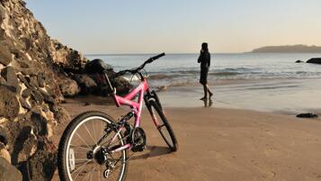 Een roze mountainbike geparkeerd op een zanderig strand, met een rotsachtige klif op de achtergrond.