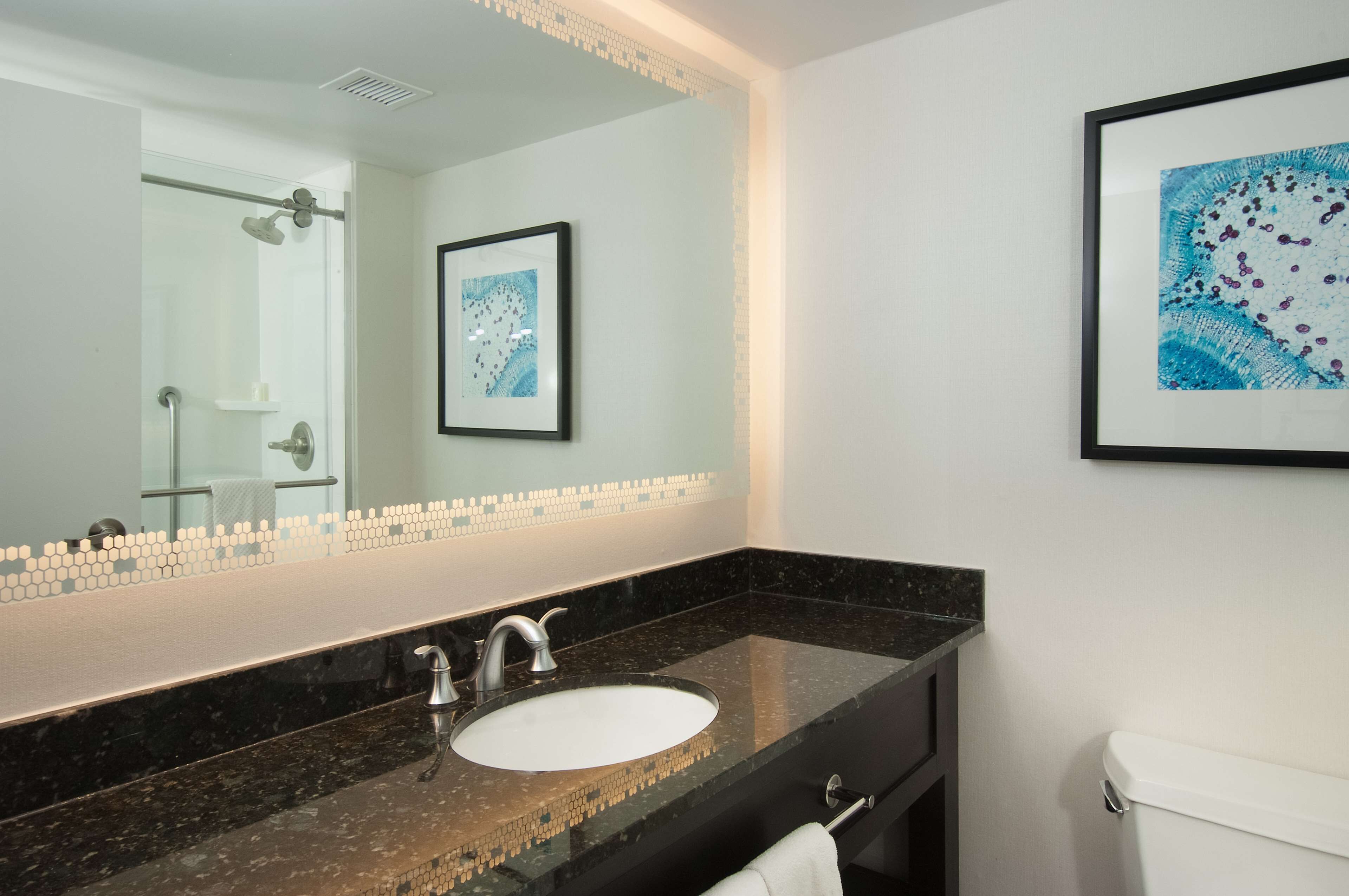A bathroom with a large mirror, a sink, and a toilet. There is a framed artwork on the wall and a shower visible in the background.