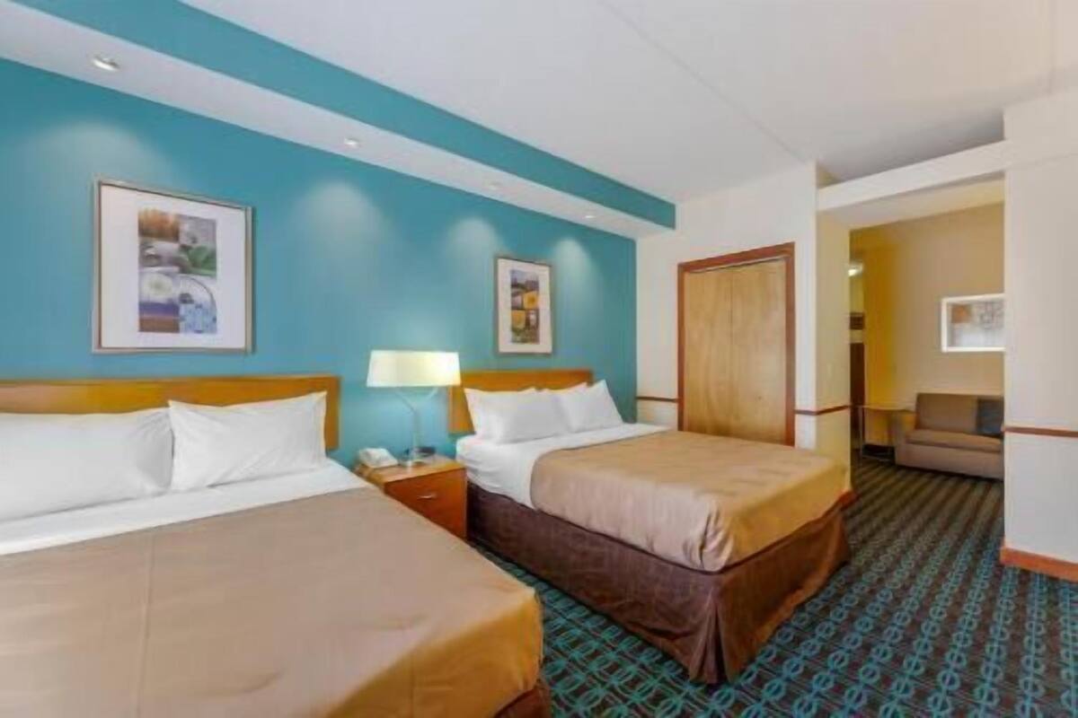 Down duvets, desk, blackout curtains, iron/ironing board