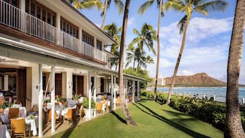 A beachfront restaurant with outdoor seating, palm trees, and a view of the ocean.