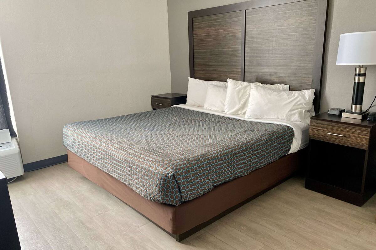 A hotel room with a bed, a nightstand, a lamp, and a wall-mounted heater.