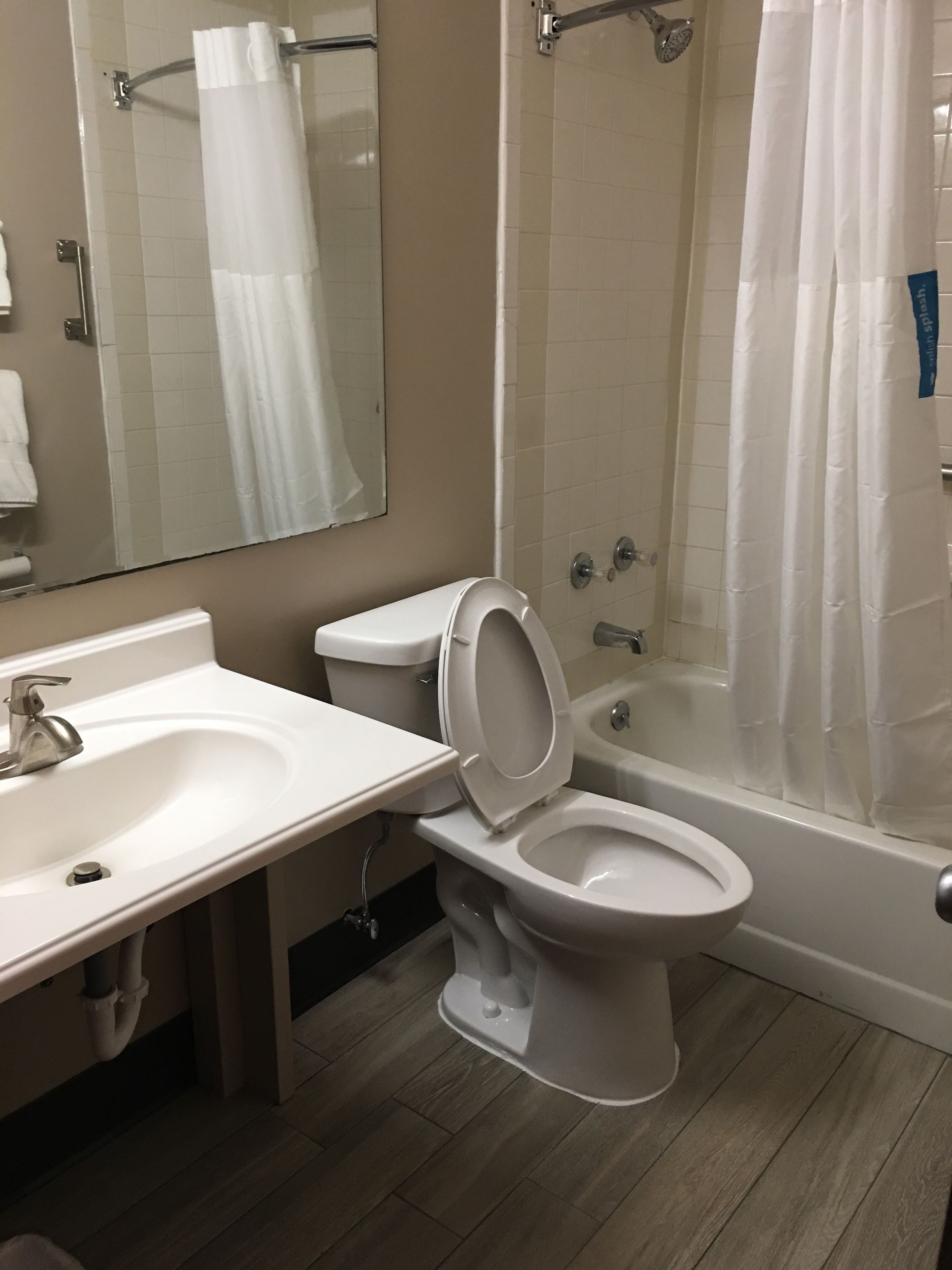 combined shower/bathtub, free toiletries, hair dryer, towels