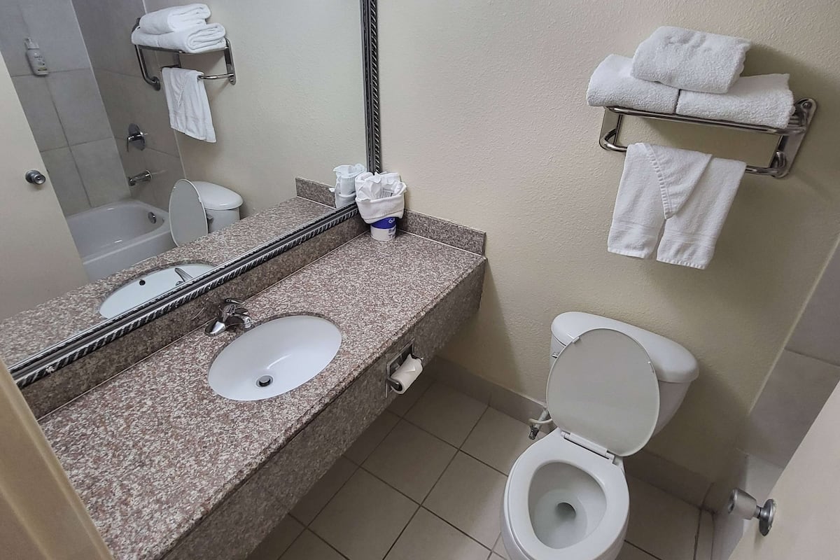 combined shower/bathtub, eco-friendly toiletries, hair dryer, towels